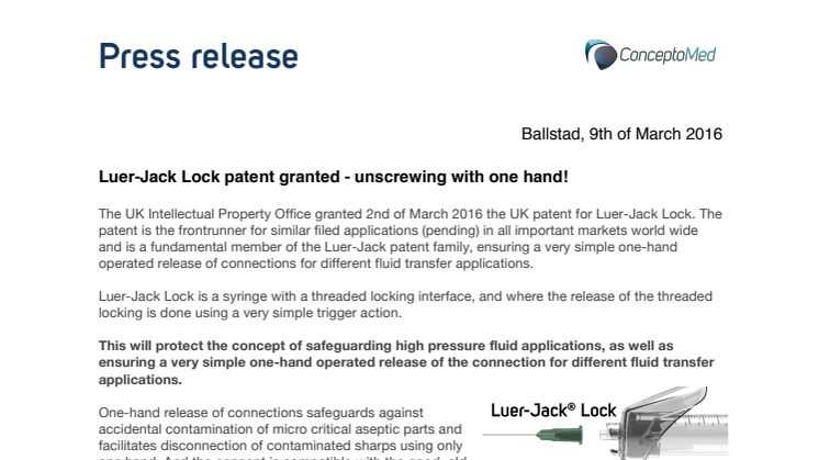 Luer-Jack Lock patent granted - unscrewing with one hand!