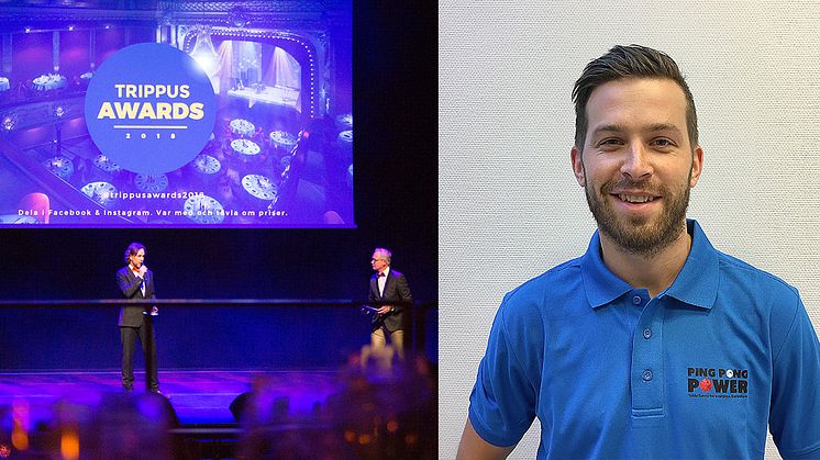 Johnny Ewerstein, projektledare för  LIEBHERR World Table Tennis Championships 2018 i Halmstad (till höger) mottog utmärkelsen under Trippus Awards.