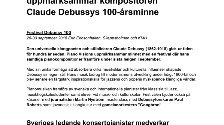 Stor pianofestival i Stockholm uppmärksammar kompositören  Claude Debussys 100-årsminne