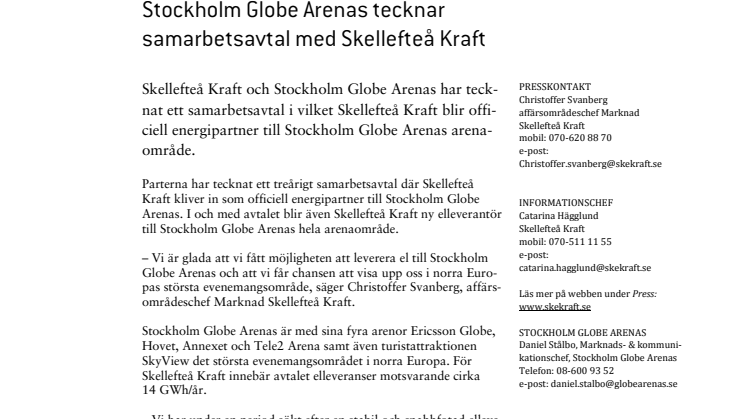 Stockholm Globe Arenas tecknar samarbetsavtal med Skellefteå Kraft