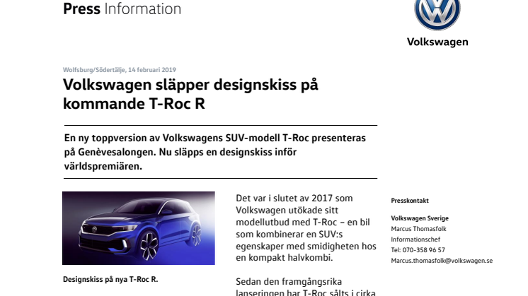 Volkswagen släpper designskiss på kommande T-Roc R