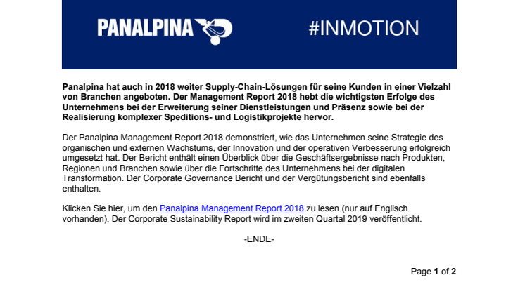 Panalpina berichtet im Management Report über Erfolge in 2018