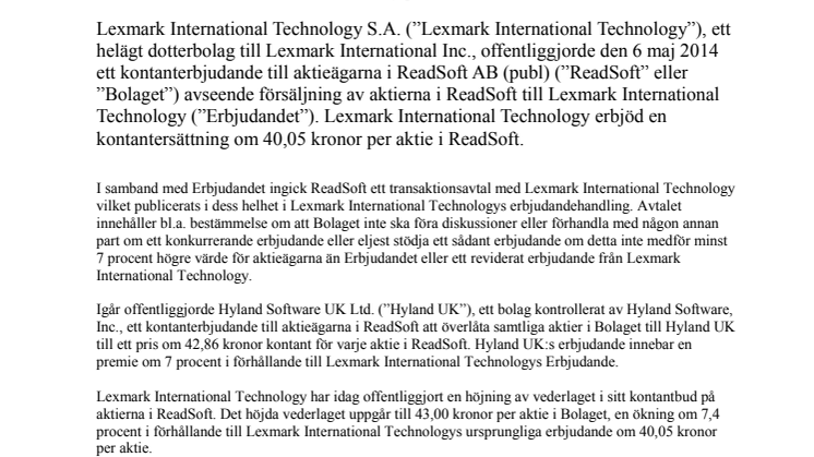 Uttalande från styrelsen i ReadSoft AB (publ) med anledning av höjt erbjudande från Lexmark International Technology