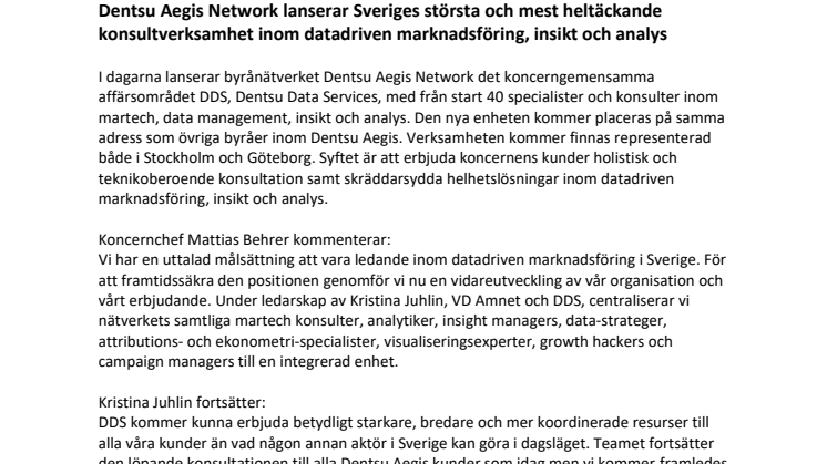 Dentsu Aegis Network lanserar Sveriges största och mest heltäckande konsultverksamhet inom datadriven marknadsföring, insikt och analys
