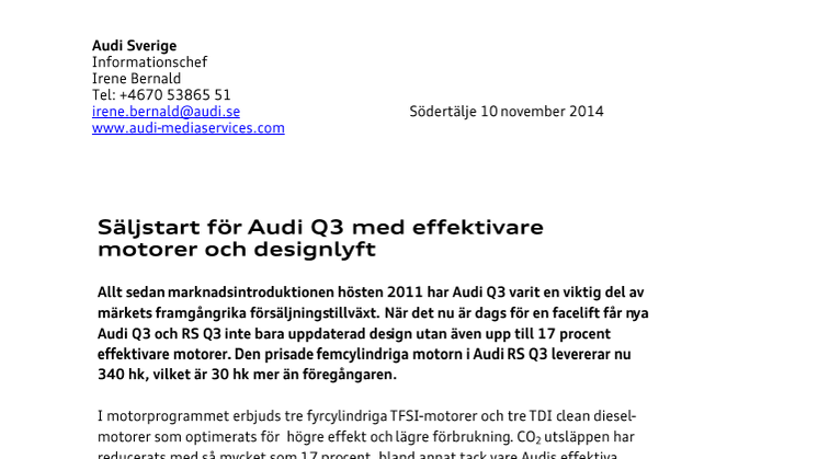 Säljstart för Audi Q3 med effektivare motorer och designlyft