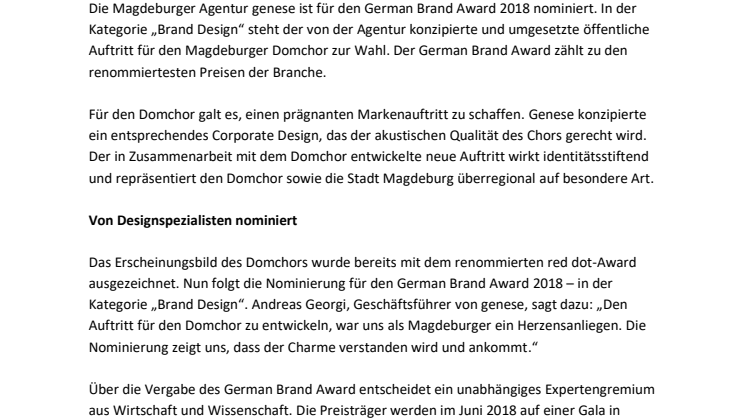 Genese Werbeagentur für German Brand Award 2018 nominiert
