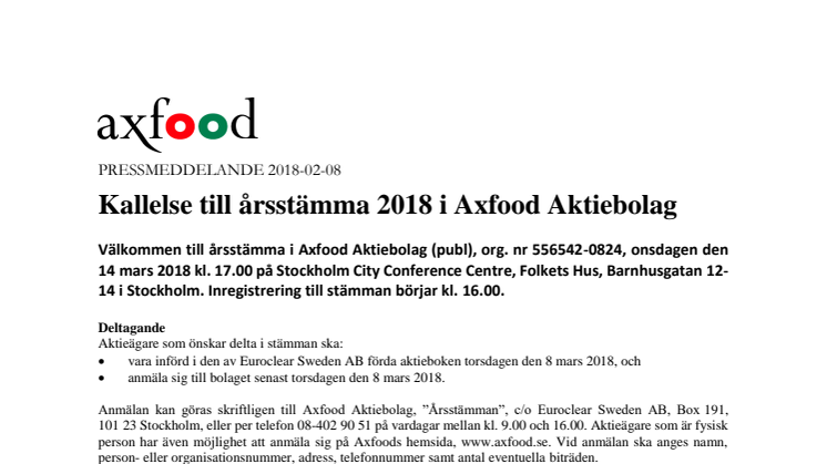Kallelse till årsstämma 2018 i Axfood Aktiebolag