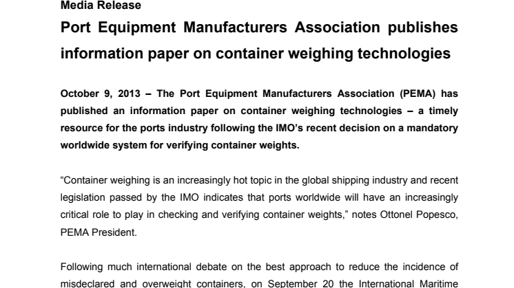Port Equipment Manufacturers Association publishes information paper on container weighing technologies