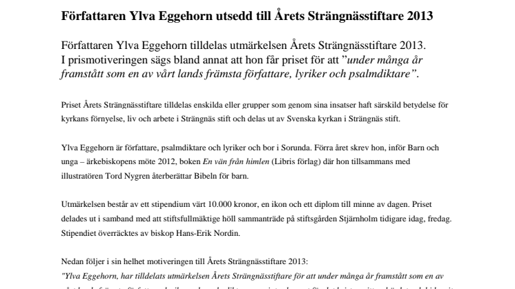 Författaren Ylva Eggehorn utsedd till Årets Strängnässtiftare 2013