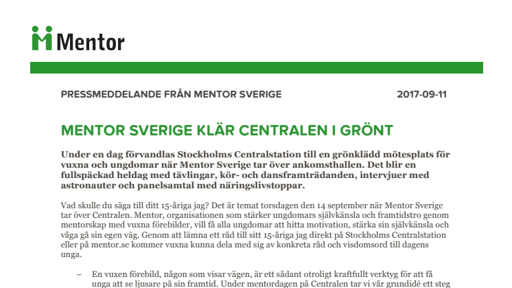 Mentor Sverige klär Centralen i grönt