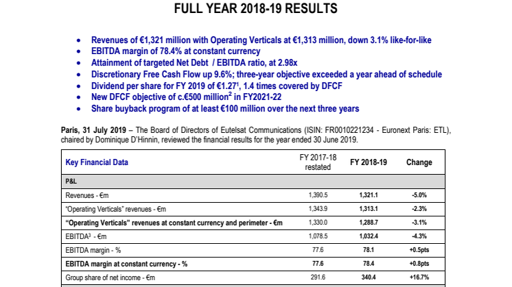 EUTELSAT COMMUNICATIONS FULL YEAR 2018-19 RESULTS