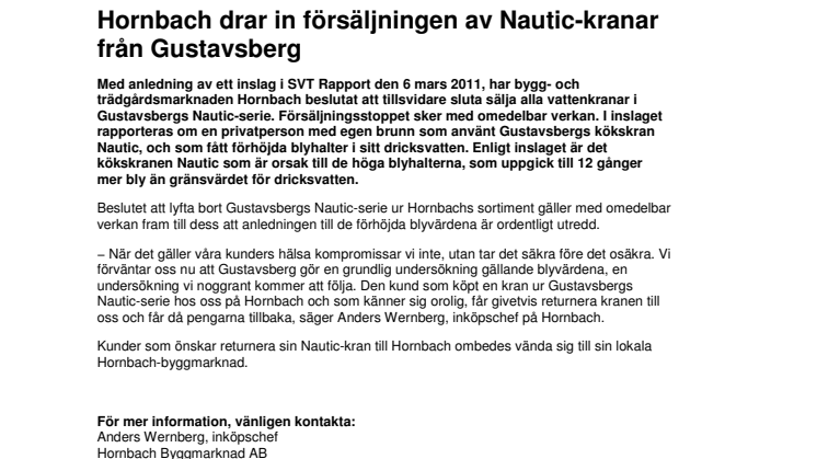 Hornbach drar in försäljningen av Nautic-kranar från Gustavsberg