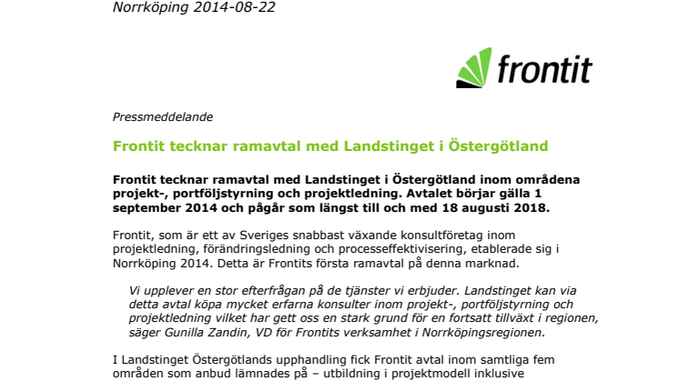Frontit tecknar ramavtal med Landstinget i Östergötland