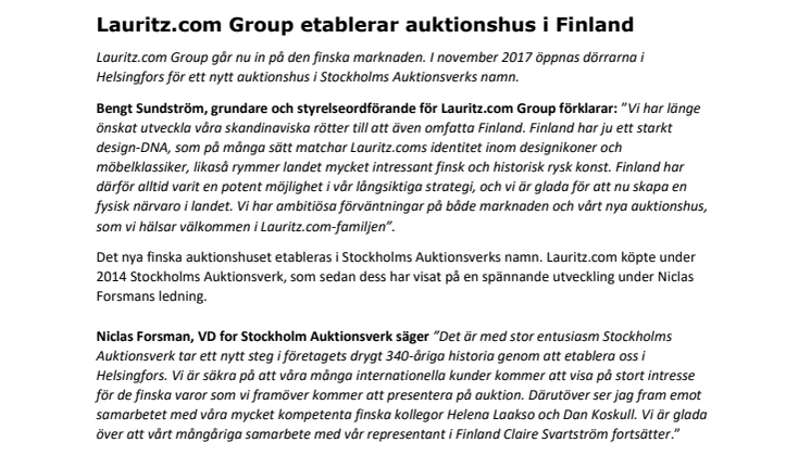Lauritz.com Group etablerar auktionshus i Finland