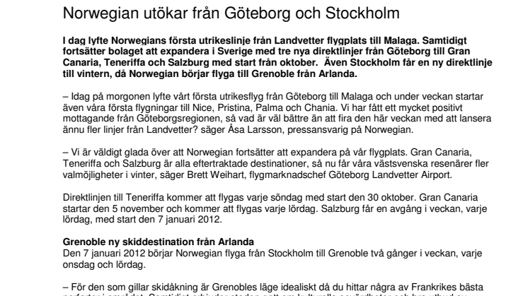 Norwegian utökar från Göteborg och Stockholm