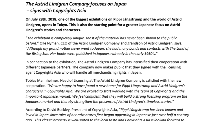The Astrid Lindgren Company focuses on Japan – signs with Copyrights Asia