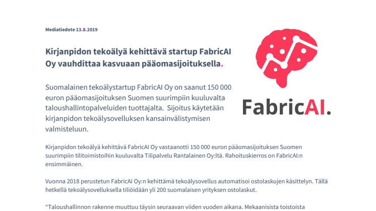 Kirjanpidon tekoälyä kehittävä startup FabricAI Oy vauhdittaa kasvuaan pääomasijoituksella