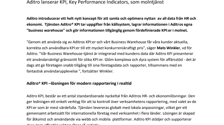 Aditro lanserar KPI, Key Performance Indicators, som molntjänst
