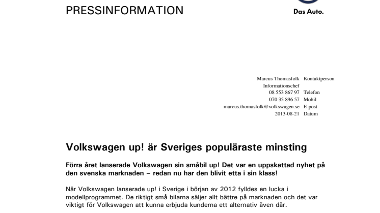 Volkswagen up! är Sveriges populäraste minsting