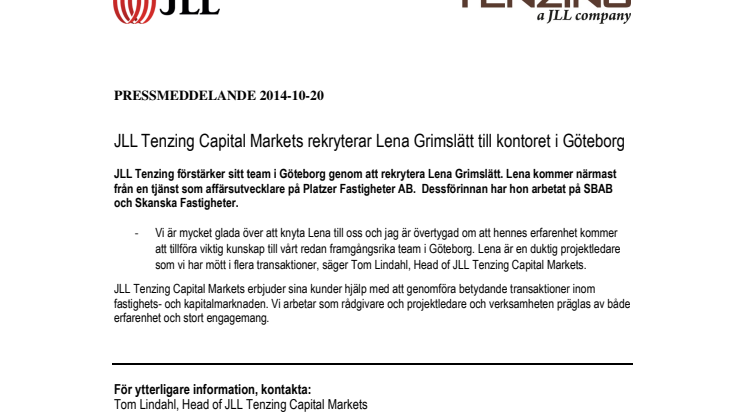 JLL Tenzing Capital Markets rekryterar Lena Grimslätt till kontoret i Göteborg