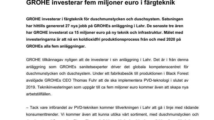 GROHE investerar fem miljoner euro i färgteknik