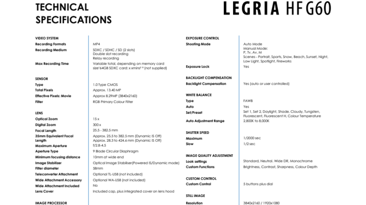 LEGRIA HF G60 Spec Sheet