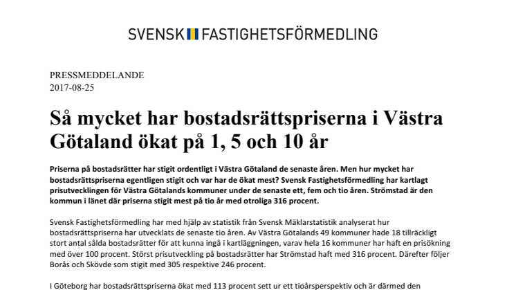 Så mycket har bostadsrättspriserna i Västra Götaland ökat på 1, 5 och 10 år