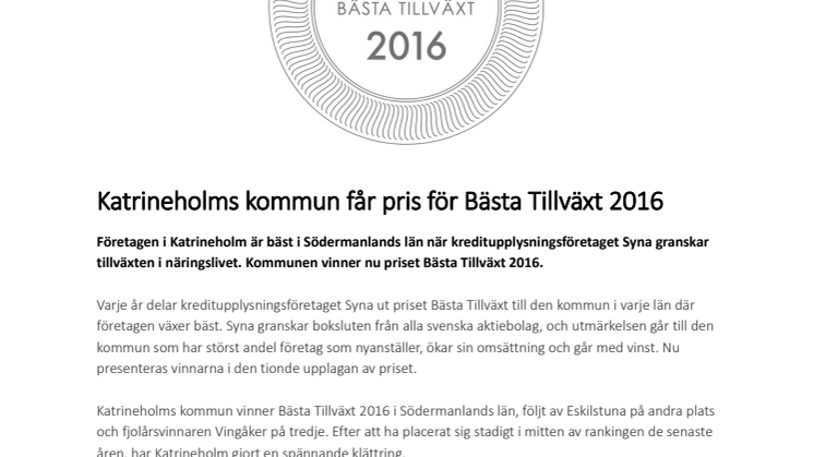 Katrineholms kommun får pris för Bästa Tillväxt 2016