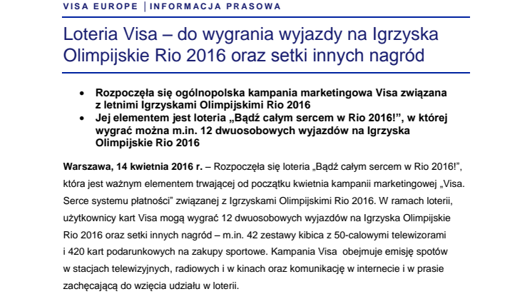 Loteria Visa – do wygrania wyjazdy na Igrzyska Olimpijskie Rio 2016 oraz setki innych nagród