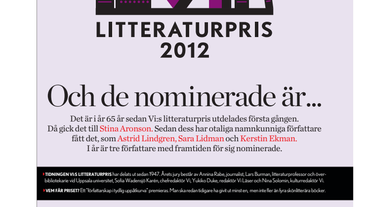 Nominerade Tidningen Vi:s litteraturpris 2012