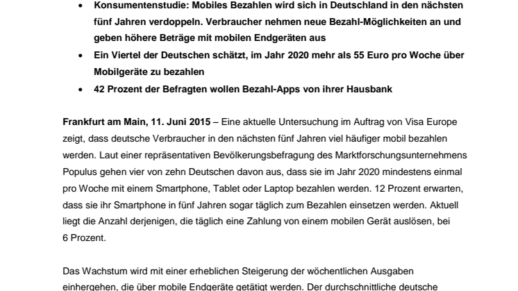 Visa Prognose: Deutsche werden 2020 rund 1,7 Milliarden Euro pro Woche mit mobilen Endgeräten bezahlen