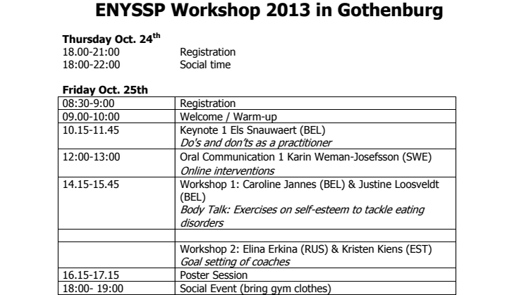 ENYSSP Workshop programme 2013