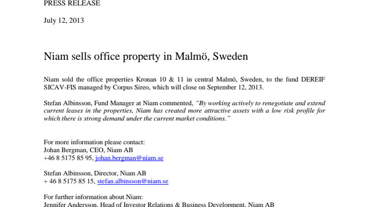 Niam sells office property in Malmö, Sweden