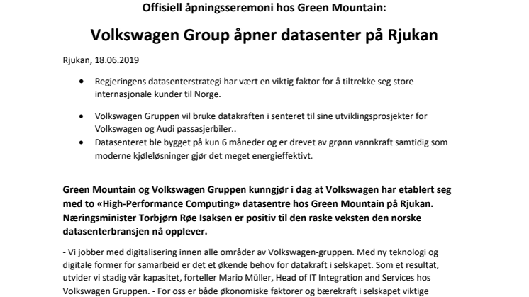 Offisiell åpningsseremoni hos Green Mountain:  Volkswagen Group åpner datasenter på Rjukan