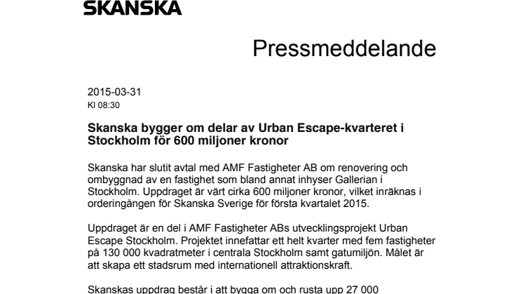 Skanska bygger om delar av Urban Escape-kvarteret i Stockholm för 600 miljoner kronor