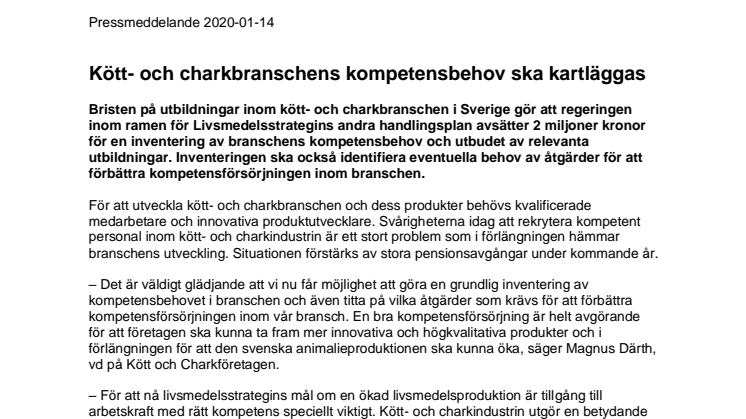 Kött- och charkbranschens kompetensbehov ska kartläggas