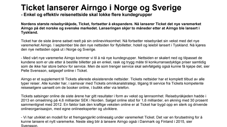 Ticket lanserer Airngo i Norge og Sverige
