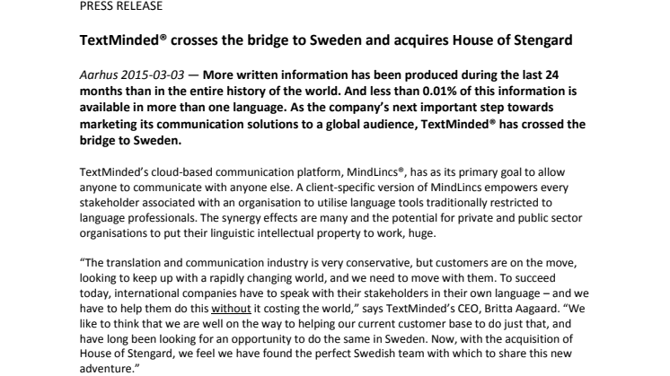 TextMinded® crosses the bridge to Sweden and acquires House of Stengard