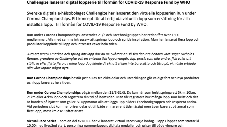 Challengize lanserar digitala lopp i Run under Corona Championships till förmån för COVID-19 Response Fund by WHO
