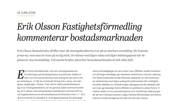 Erik Olsson Fastighetsförmedling kommenterar bostadsmarknaden 15 juni 2018