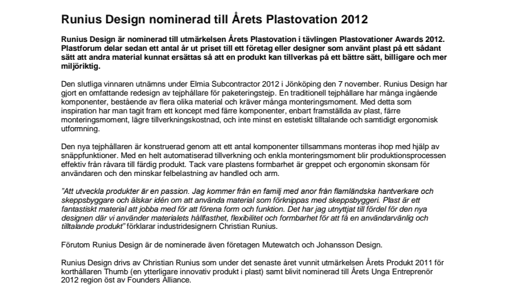 Runius Design nominerad för Årets Plastovation