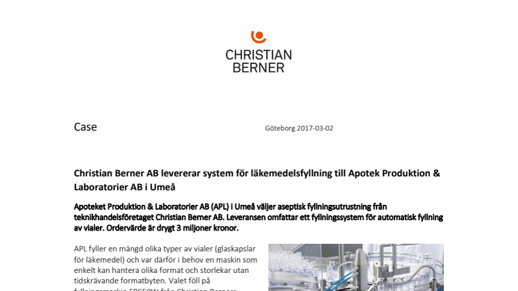 Christian Berner AB levererar system för läkemedelsfyllning till Apotek Produktion & Laboratorier AB i Umeå