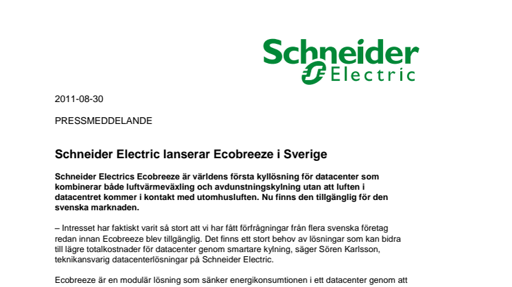 Schneider Electric lanserar Ecobreeze i Sverige
