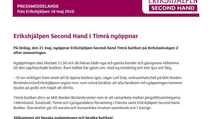 Erikshjälpen Second Hand i Timrå nyöppnar