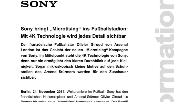 Sony bringt "Microtising" ins Fußballstadion: Mit 4K Technologie wird jedes Detail sichtbar