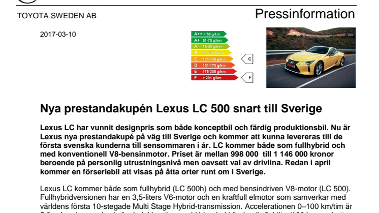 Nya prestandakupén Lexus LC 500 snart till Sverige