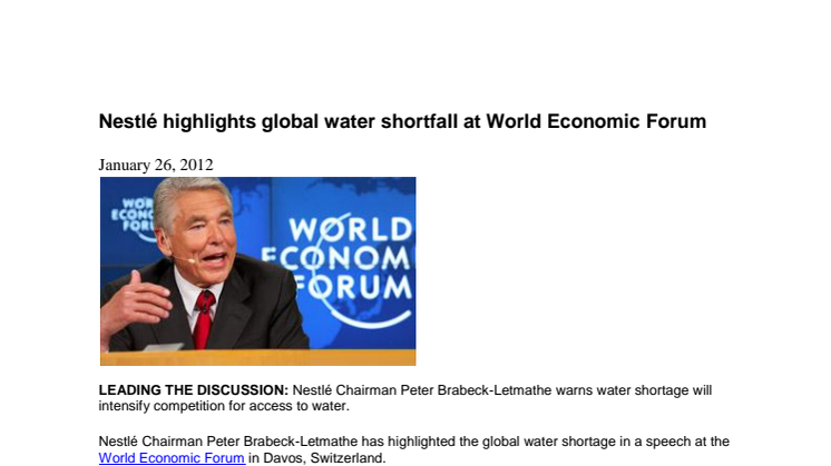 Nestlé varnar för global vattenbrist vid World Economic Forum