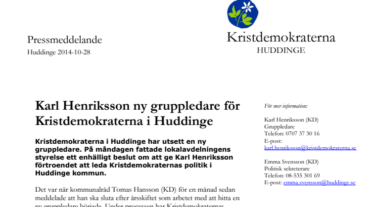 Karl Henriksson ny gruppledare för Kristdemokraterna i Huddinge