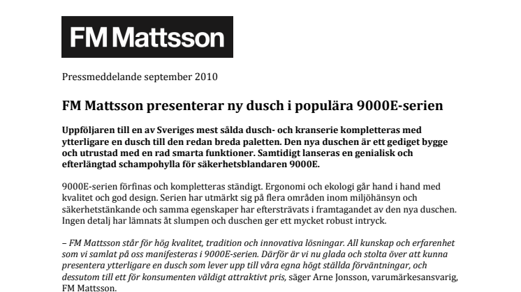 FM Mattsson presenterar ny dusch i populära 9000E-serien