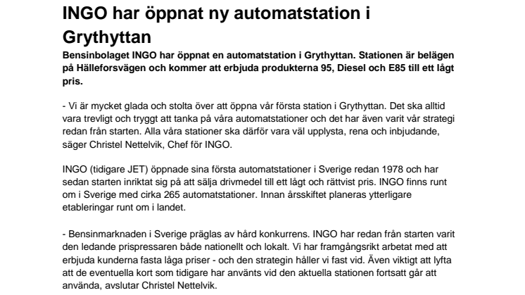 INGO har öppnat ny automatstation i Grythyttan